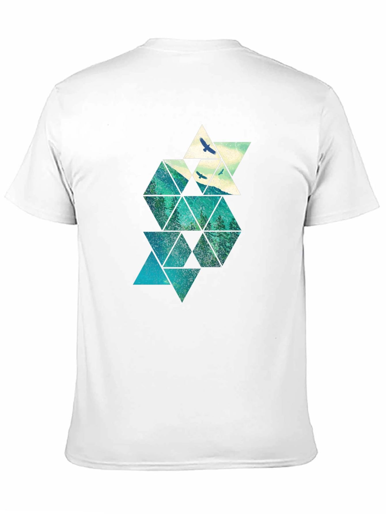Geometric Mountain & Bird Print Mens Black T-Shirt