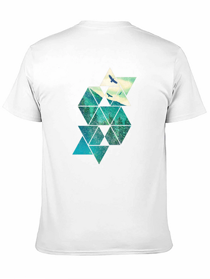 Geometric Mountain & Bird Print Mens Black T-Shirt