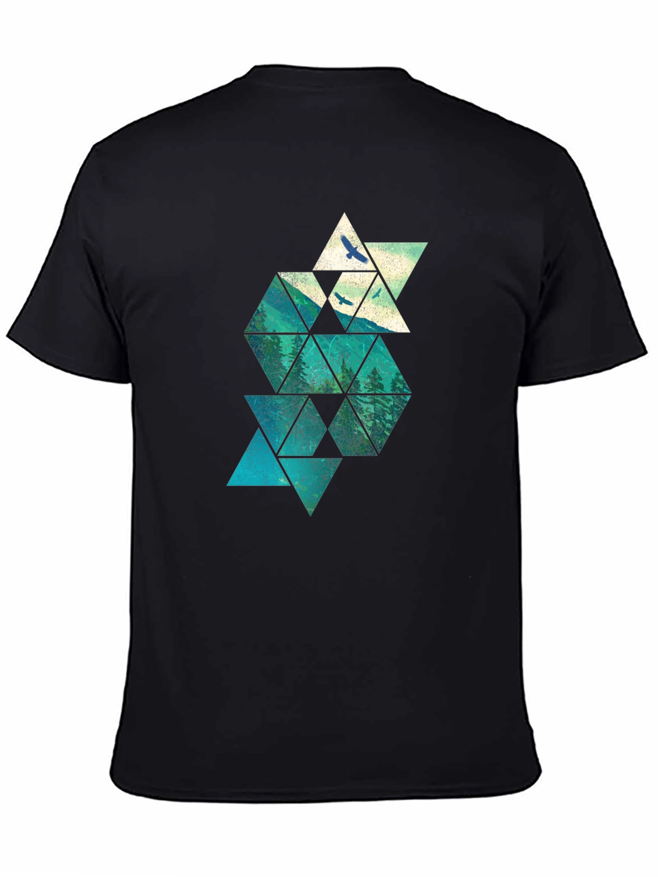 Geometric Mountain & Bird Print Mens Black T-Shirt