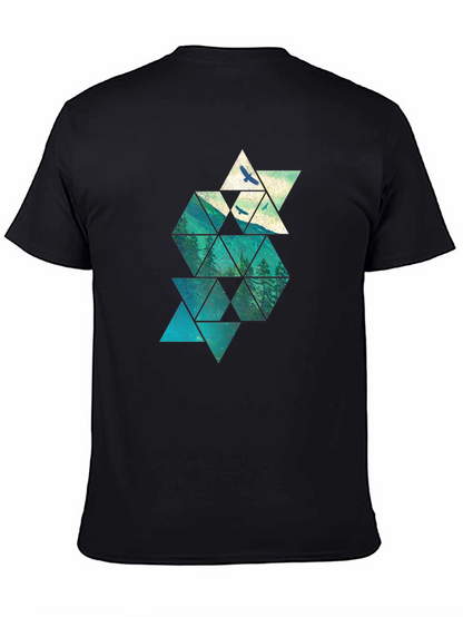 Geometric Mountain & Bird Print Mens Black T-Shirt