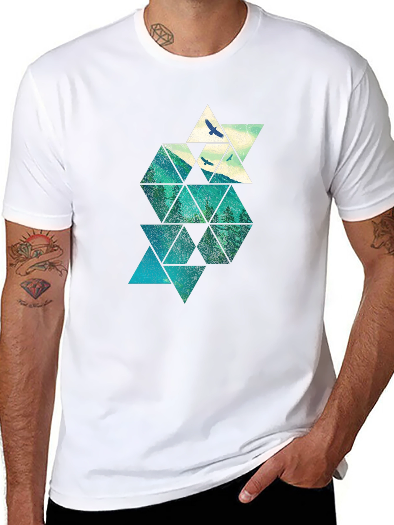 Geometric Mountain & Bird Print Mens Black T-Shirt