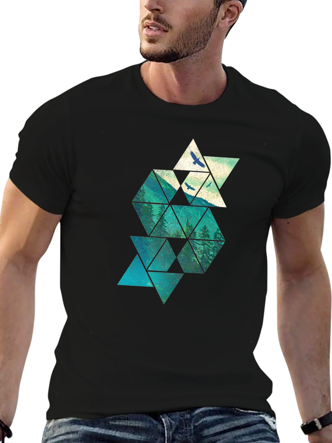 Geometric Mountain & Bird Print Mens Black T-Shirt