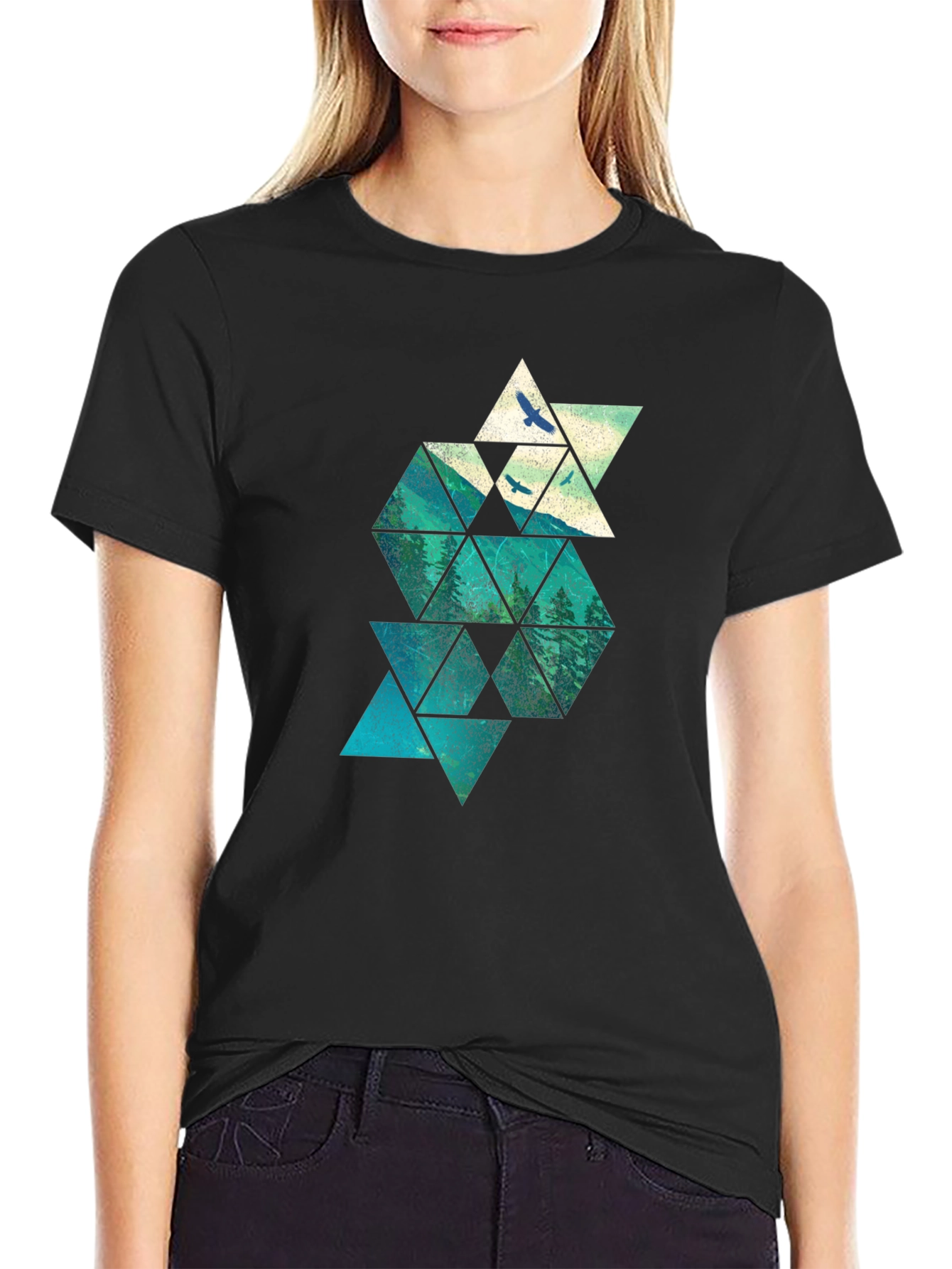 Geometric Mountain & Bird Print Mens Black T-Shirt