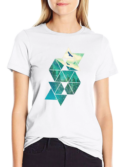 Geometric Mountain & Bird Print Mens Black T-Shirt