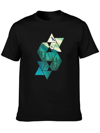Geometric Mountain & Bird Print Mens Black T-Shirt