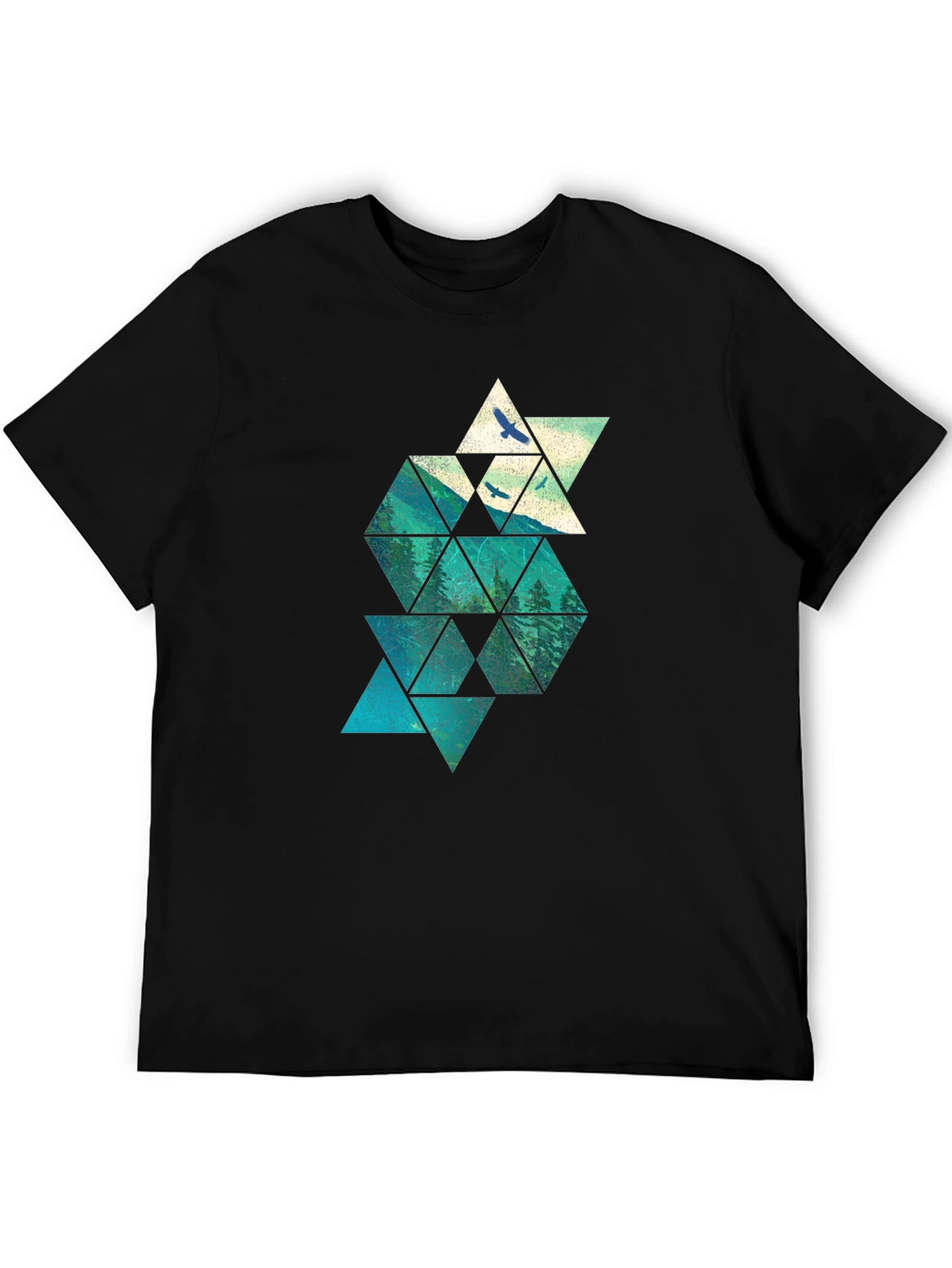 Geometric Mountain & Bird Print Mens Black T-Shirt