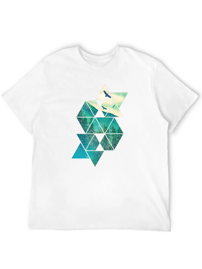 Geometric Mountain & Bird Print Mens Black T-Shirt