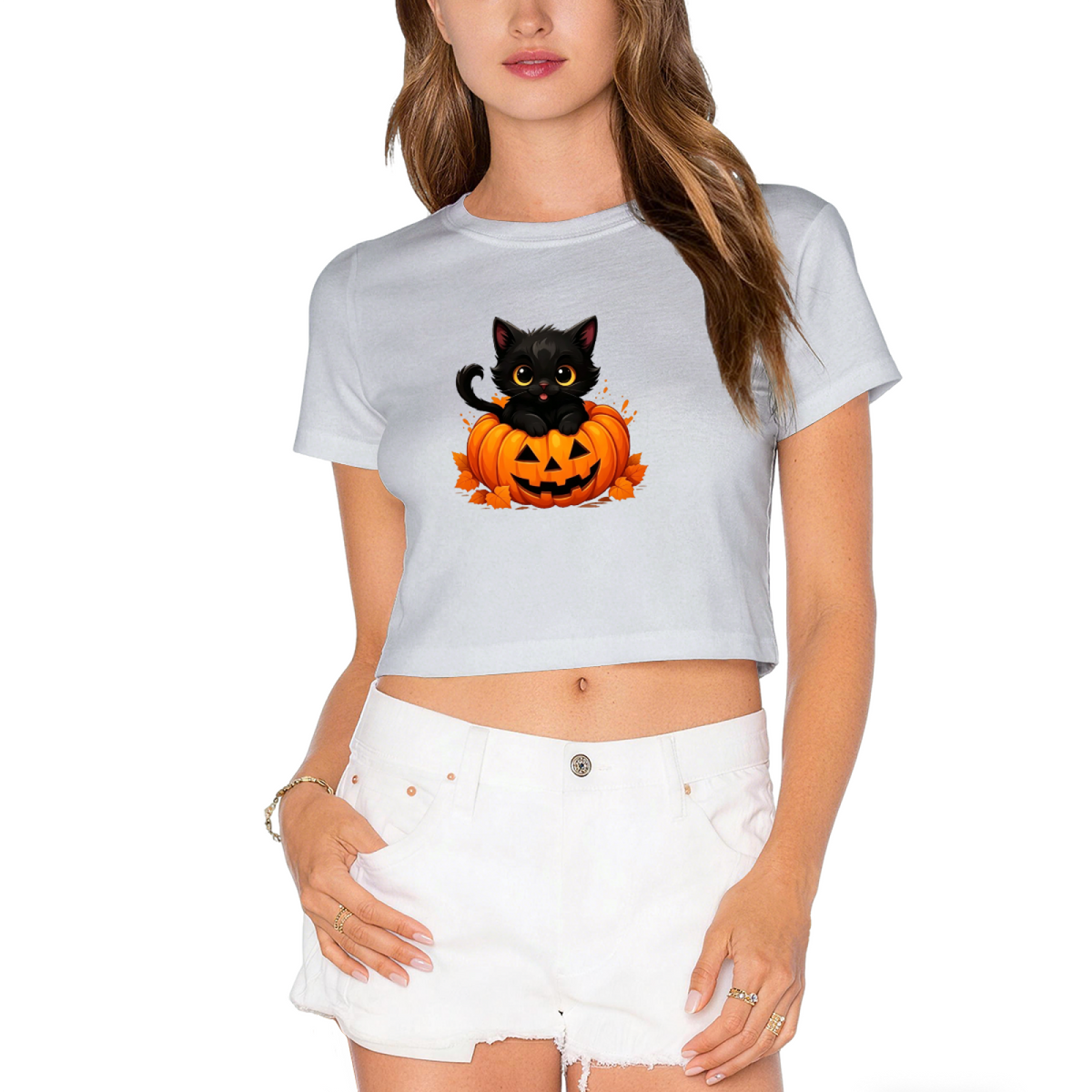 Cute Black Cat Inside Jack?O?Lantern Pumpkin Halloween Crop Top