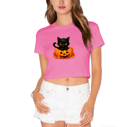 Cute Black Cat Inside Jack?O?Lantern Pumpkin Halloween Crop Top