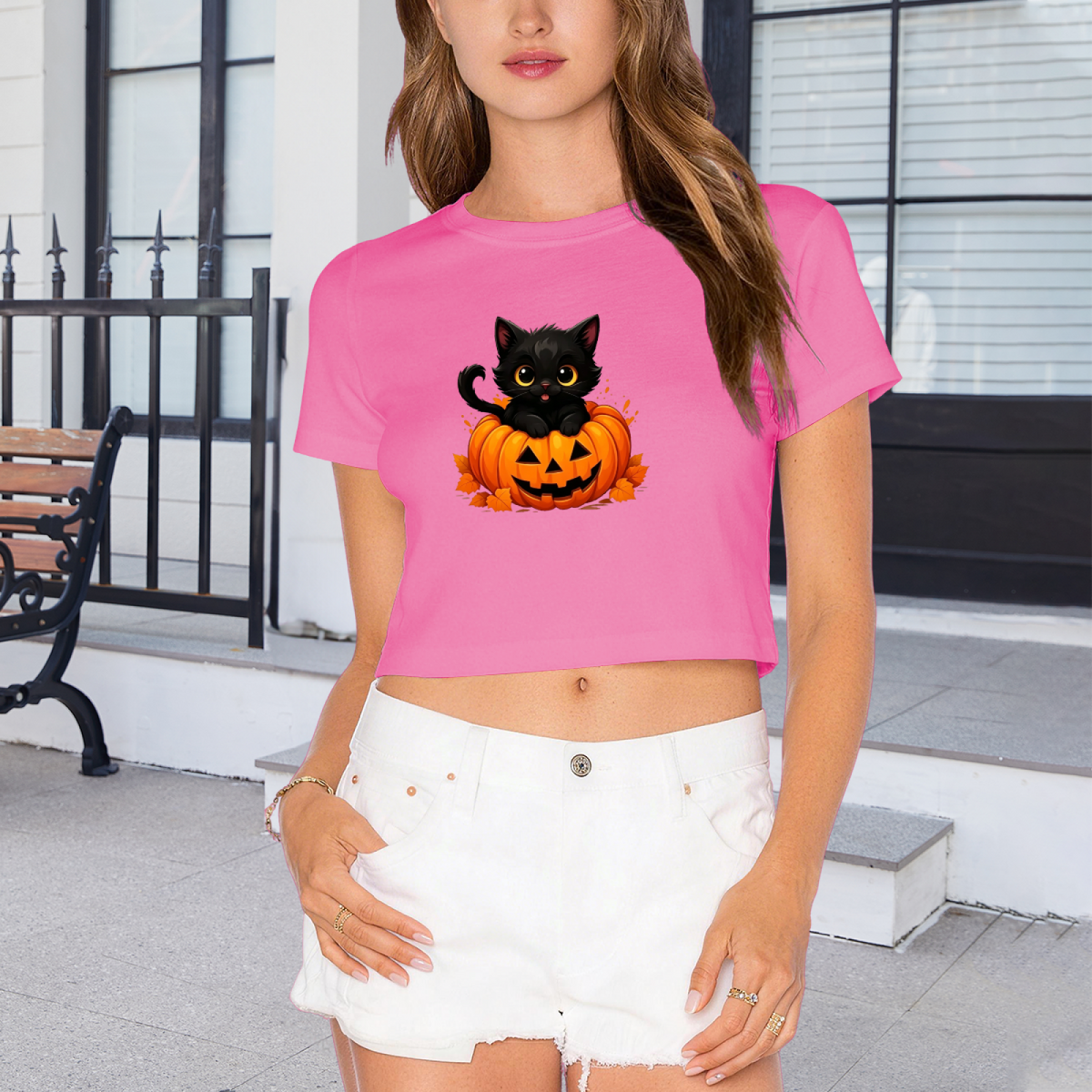 Cute Black Cat Inside Jack?O?Lantern Pumpkin Halloween Crop Top