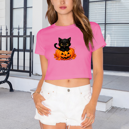 Cute Black Cat Inside Jack?O?Lantern Pumpkin Halloween Crop Top