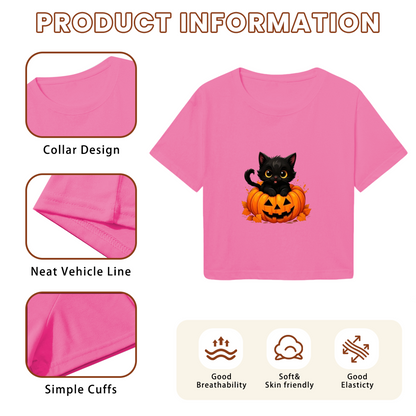 Cute Black Cat Inside Jack?O?Lantern Pumpkin Halloween Crop Top