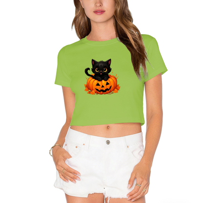 Cute Black Cat Inside Jack?O?Lantern Pumpkin Halloween Crop Top