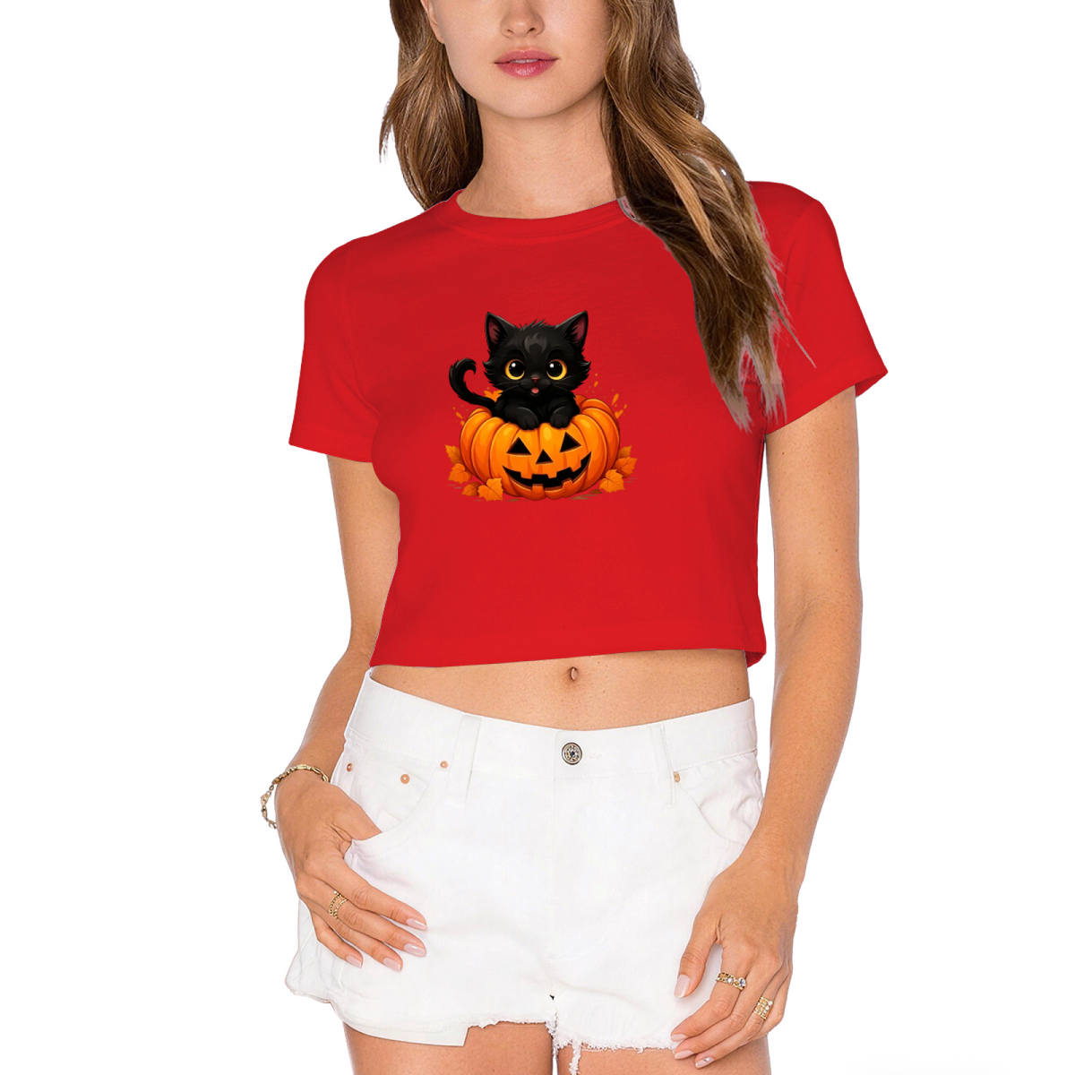 Cute Black Cat Inside Jack?O?Lantern Pumpkin Halloween Crop Top