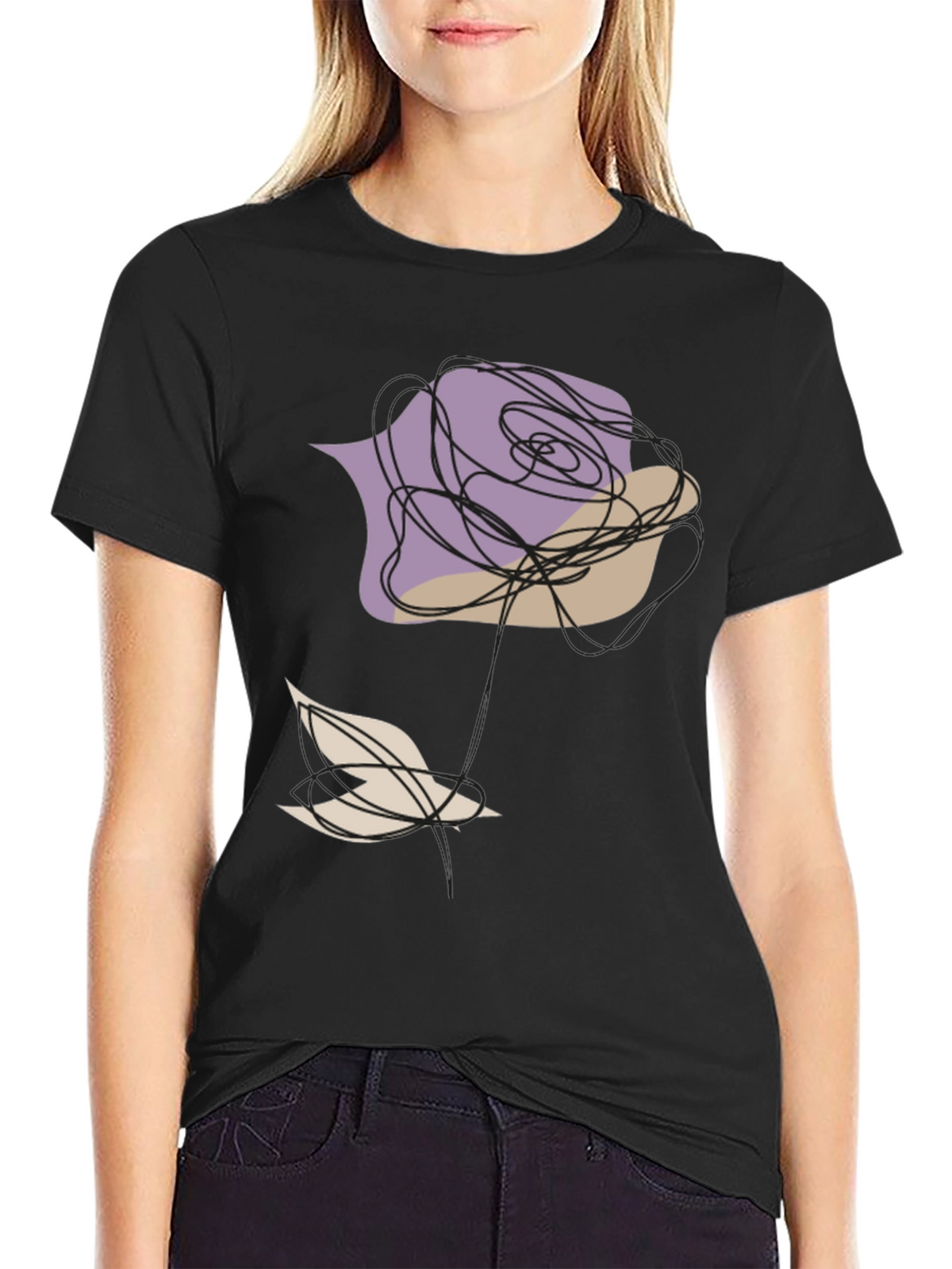 Abstract Rose and Bird Black Graphic Tee