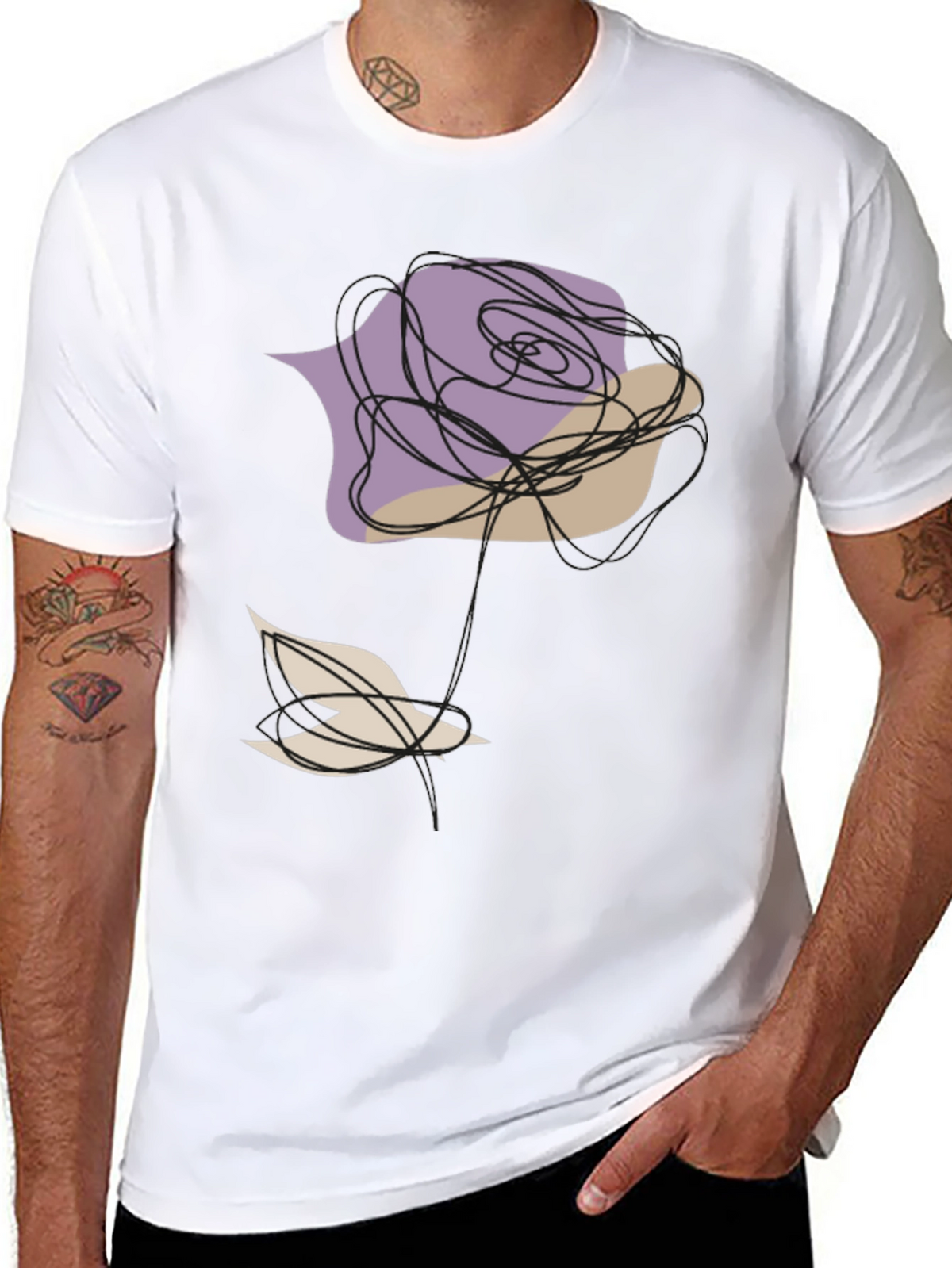 Abstract Rose and Bird Black Graphic Tee