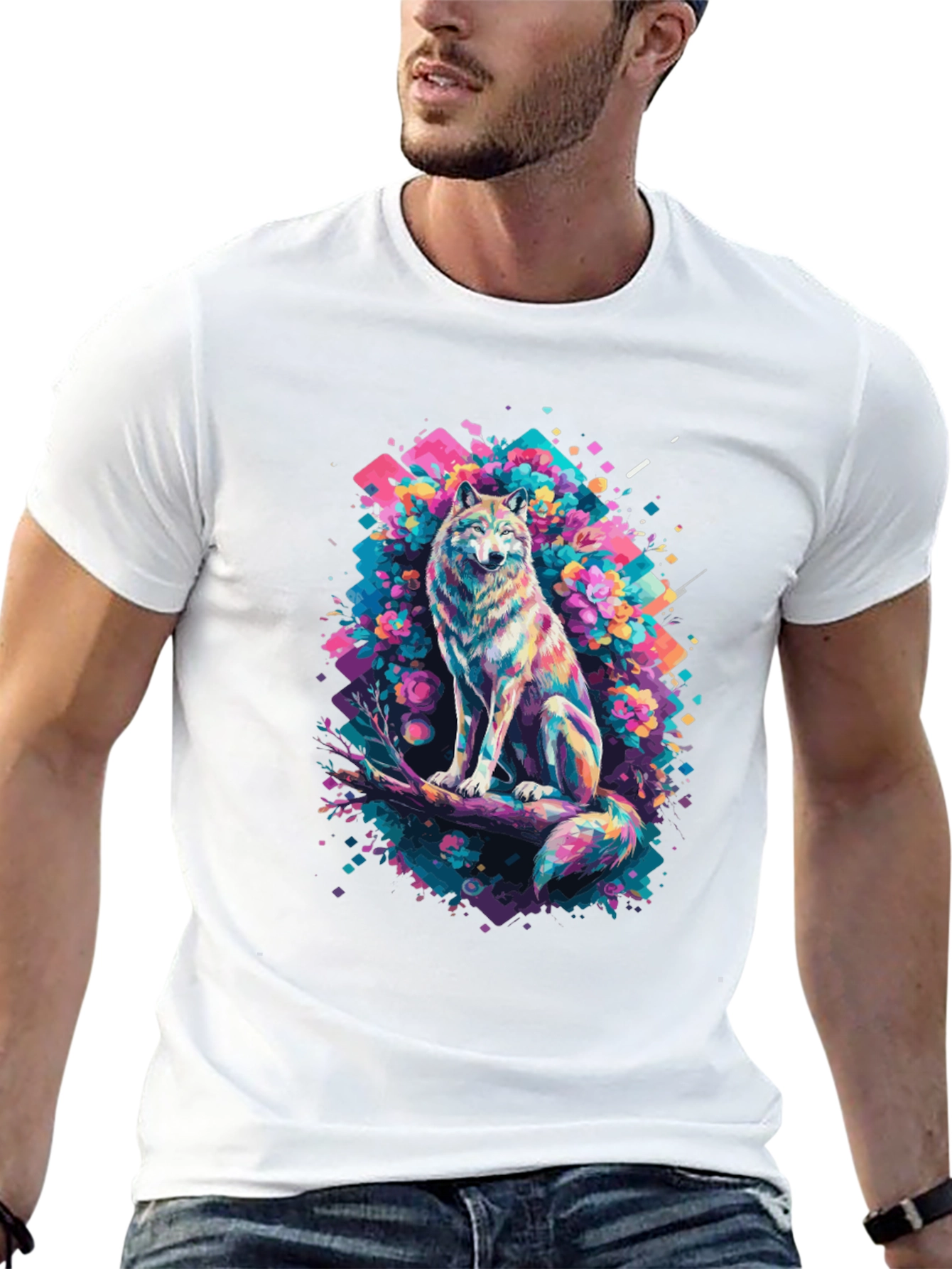 Vibrant Wolf Graphic Tee - Unique Art Print