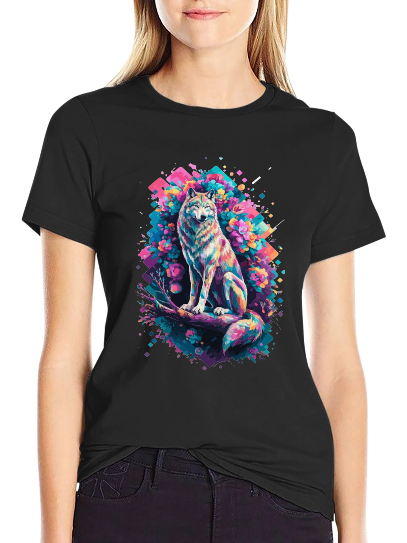 Vibrant Wolf Graphic Tee - Unique Art Print