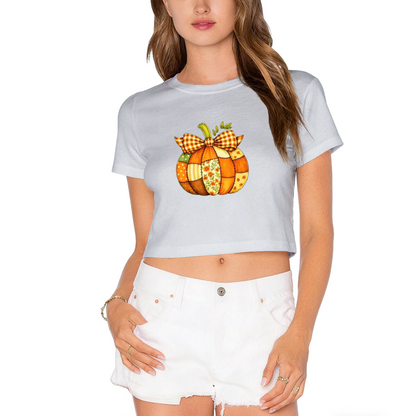 Patchwork Plaid Bow Pumpkin Fall Thanksgiving Season Crop Top