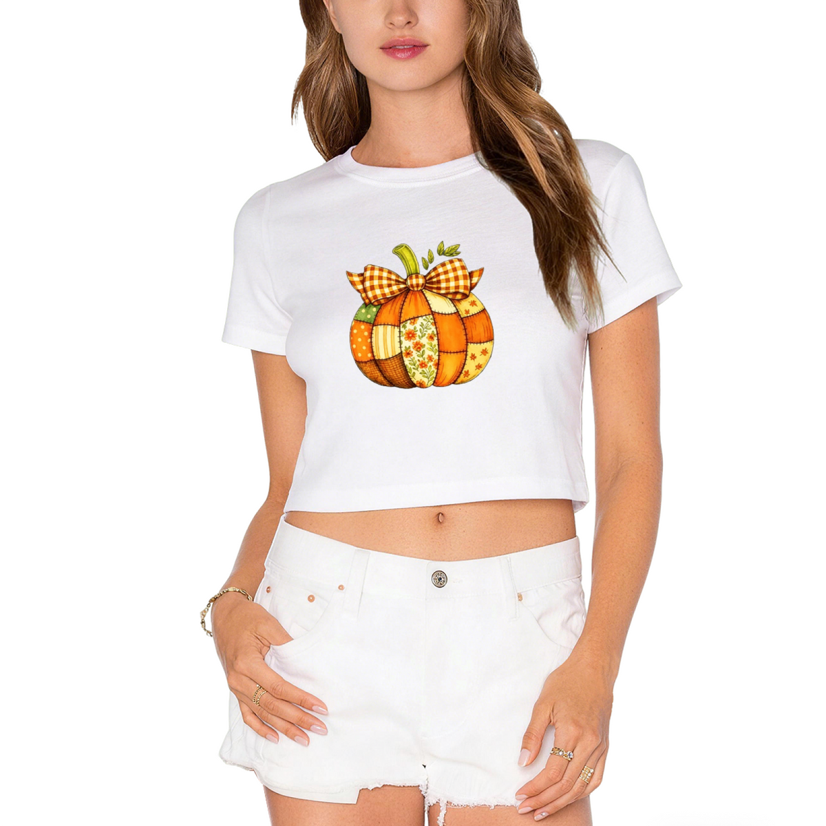 Patchwork Plaid Bow Pumpkin Fall Thanksgiving Season Crop Top