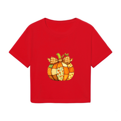 Patchwork Plaid Bow Pumpkin Fall Thanksgiving Season Crop Top