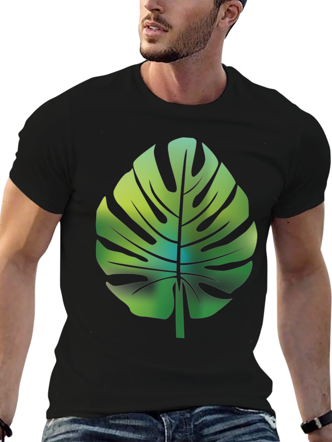 Tropical Monstera Leaf Graphic Tee - Black Cotton Blend