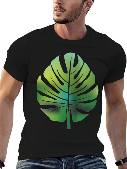 Tropical Monstera Leaf Graphic Tee - Black Cotton Blend