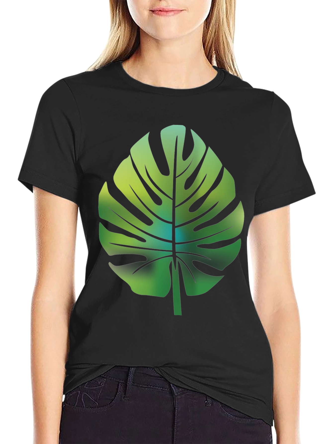 Tropical Monstera Leaf Graphic Tee - Black Cotton Blend