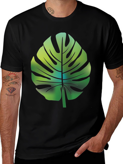 Tropical Monstera Leaf Graphic Tee - Black Cotton Blend