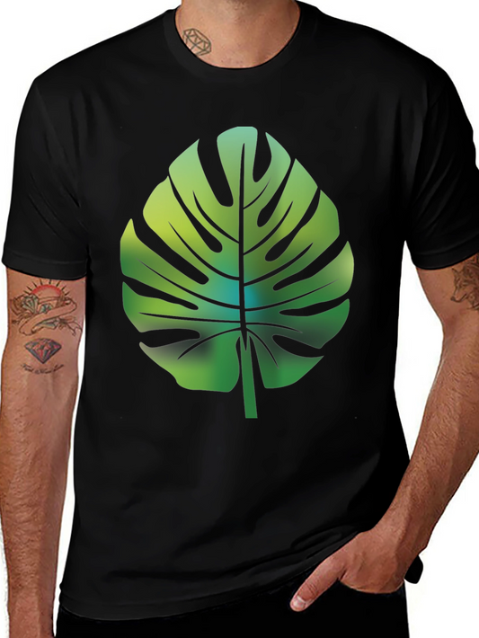 Tropical Monstera Leaf Graphic Tee - Black Cotton Blend