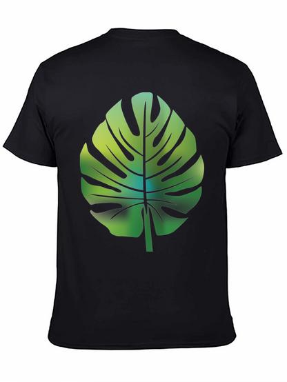 Tropical Monstera Leaf Graphic Tee - Black Cotton Blend