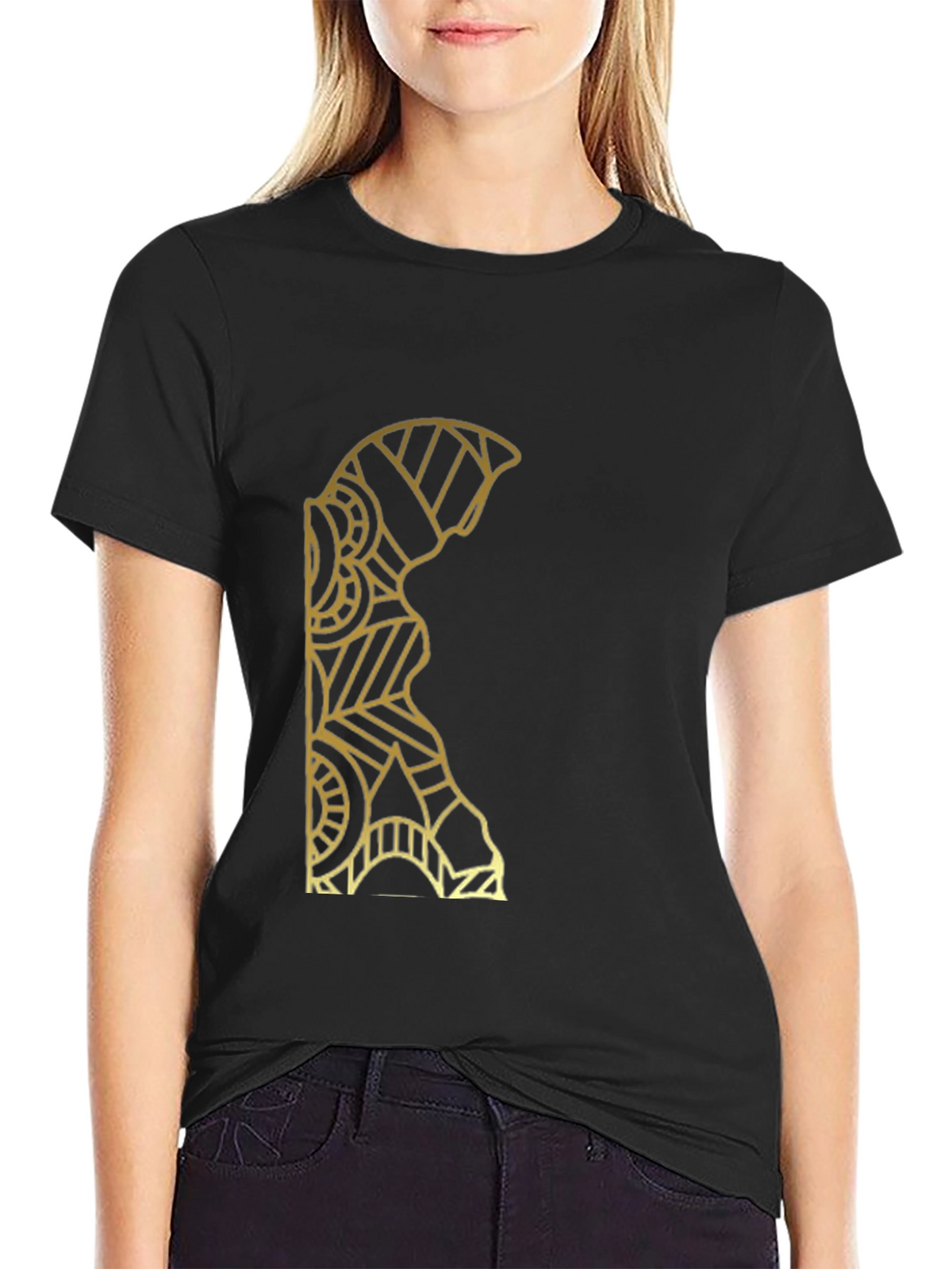 Geometric Gold Pattern Black T-Shirt