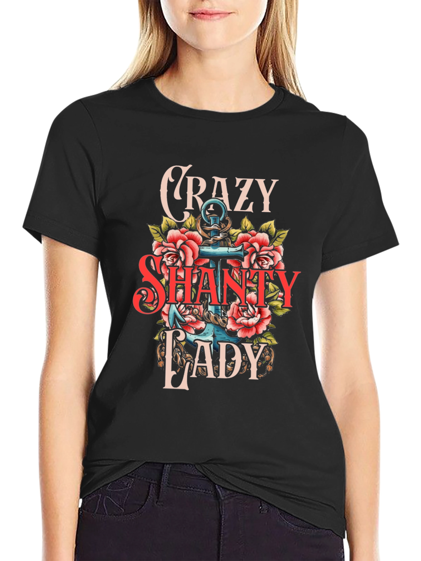 Crazy Shanty Lady T-Shirt: Anchor & Rose Design