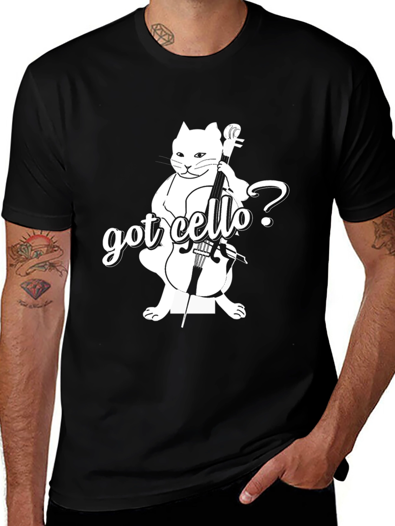 Got Cello? Black T-Shirt with Cat Design