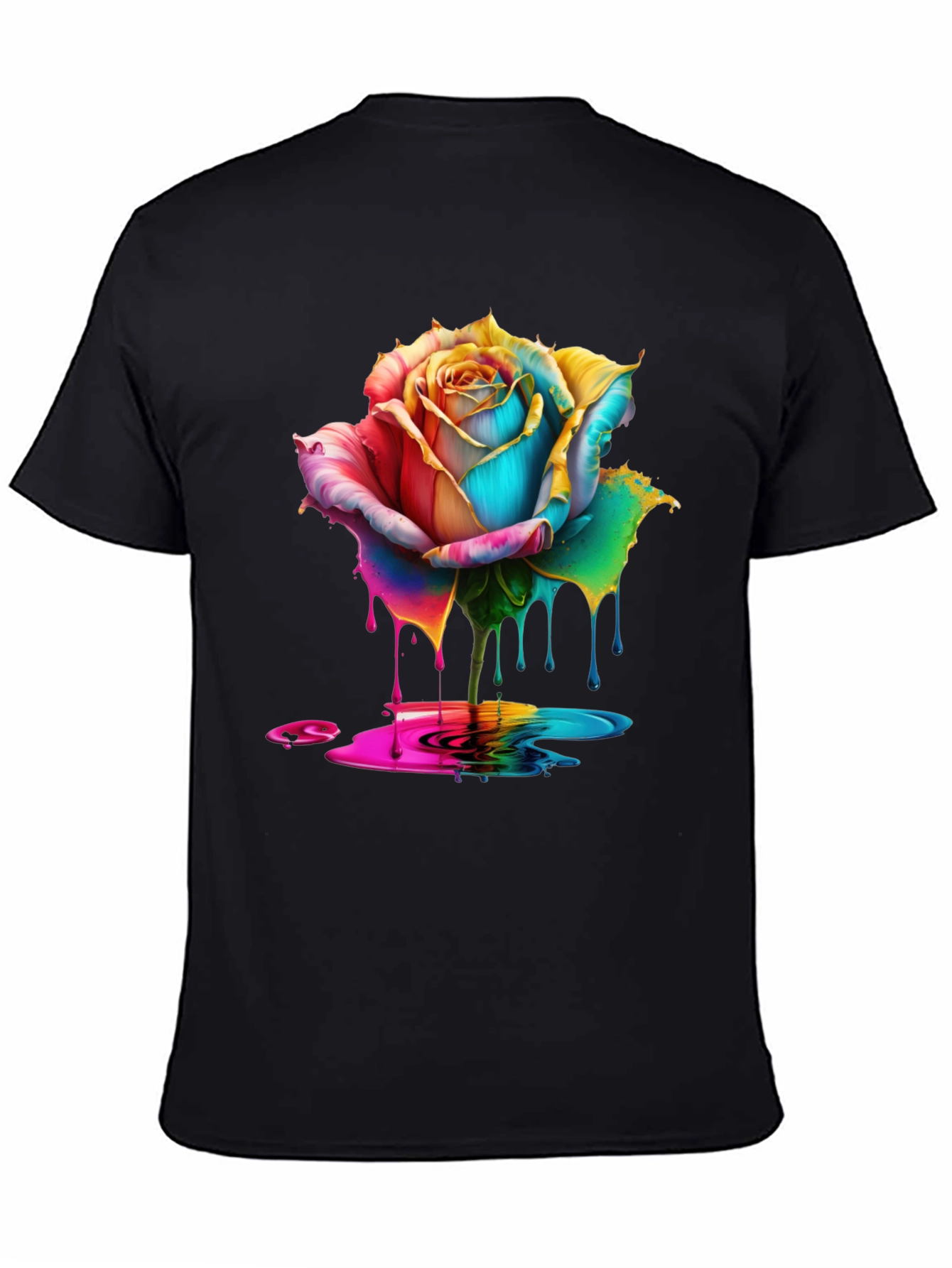 Rainbow Rose Drip Graphic Black T-Shirt