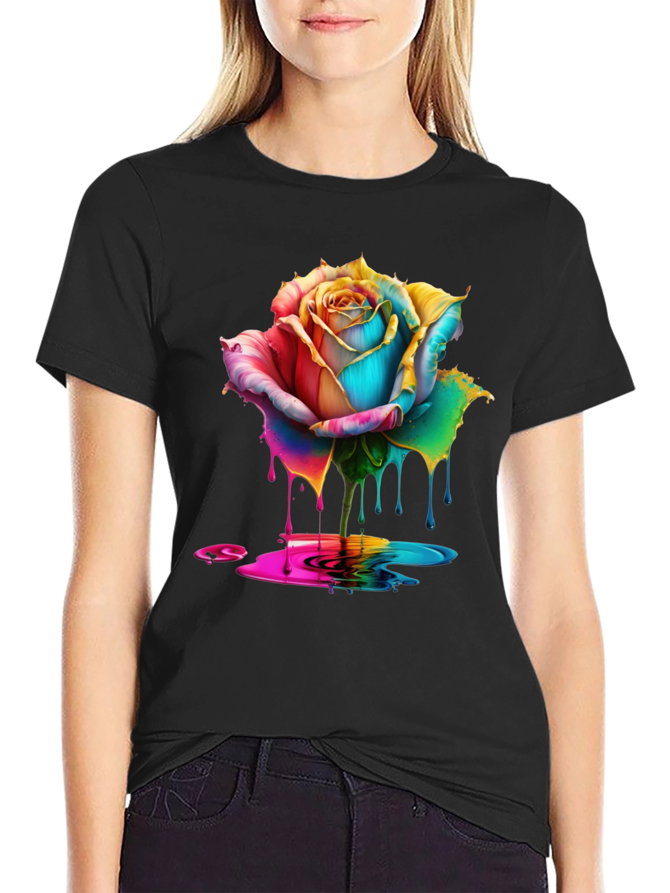 Rainbow Rose Drip Graphic Black T-Shirt