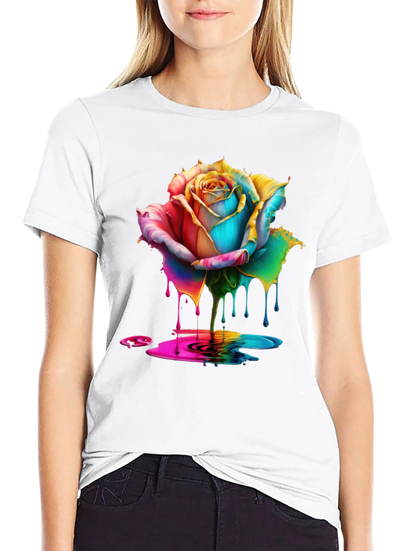 Rainbow Rose Drip Graphic Black T-Shirt