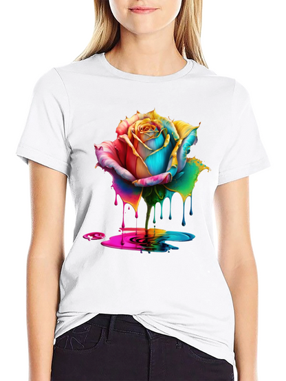 Rainbow Rose Drip Graphic Black T-Shirt