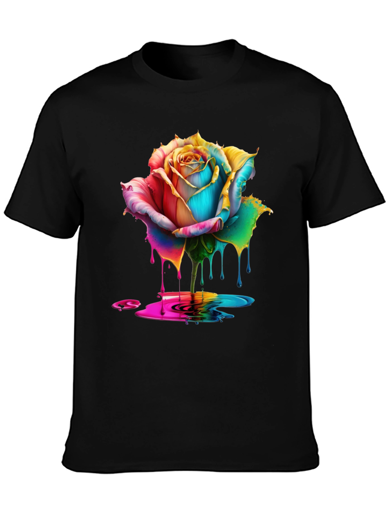 Rainbow Rose Drip Graphic Black T-Shirt