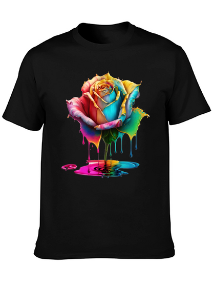 Rainbow Rose Drip Graphic Black T-Shirt