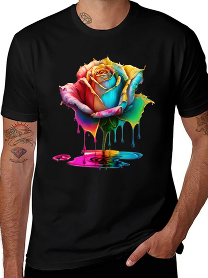 Rainbow Rose Drip Graphic Black T-Shirt