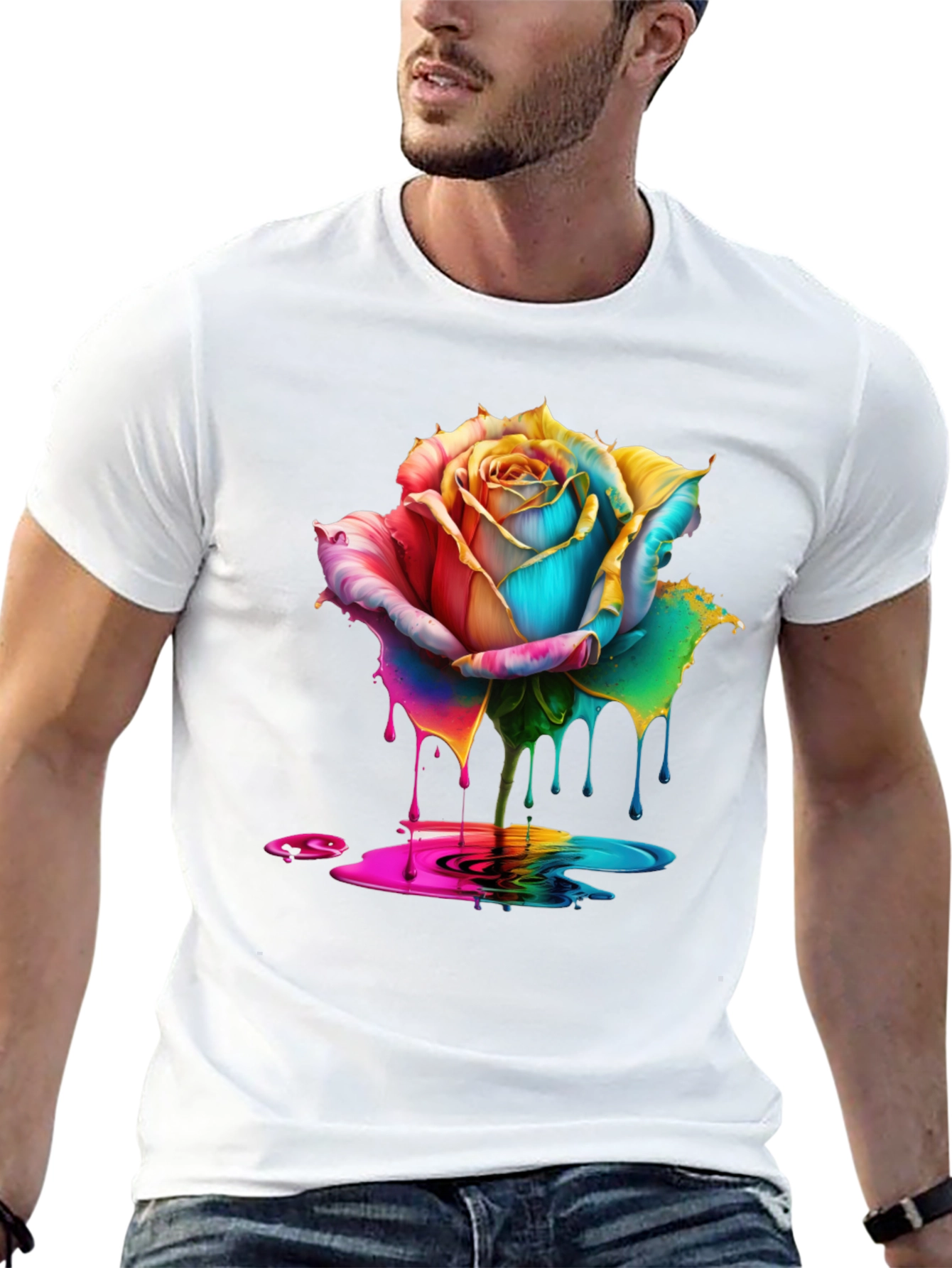 Rainbow Rose Drip Graphic Black T-Shirt