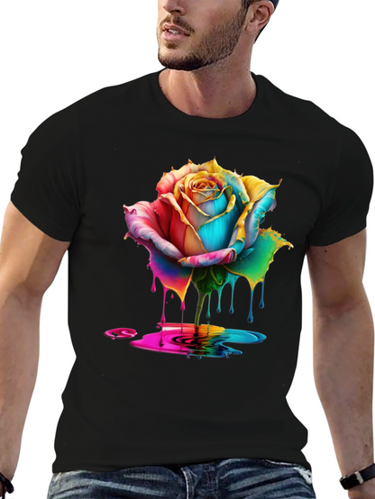 Rainbow Rose Drip Graphic Black T-Shirt
