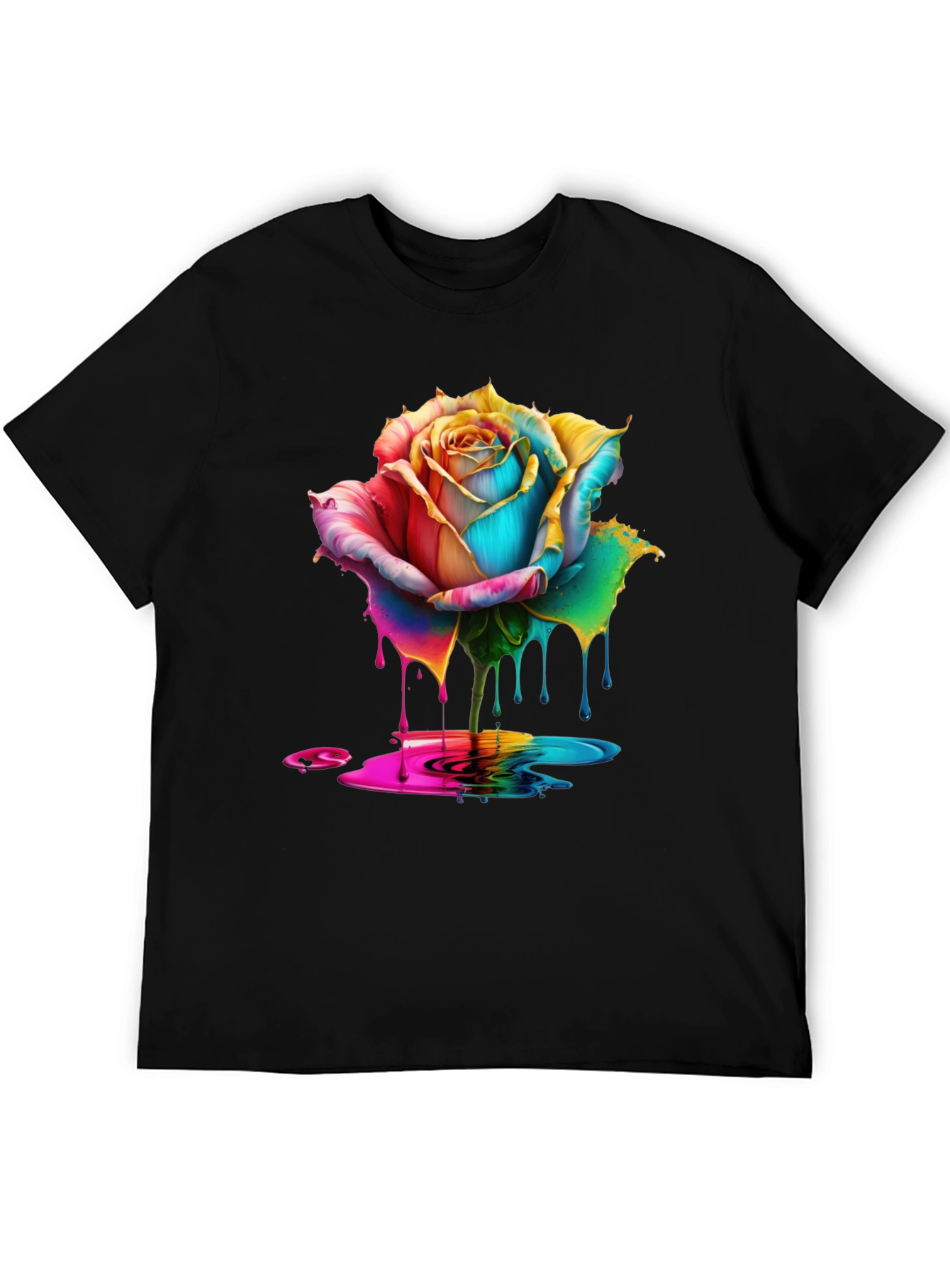 Rainbow Rose Drip Graphic Black T-Shirt
