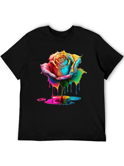 Rainbow Rose Drip Graphic Black T-Shirt