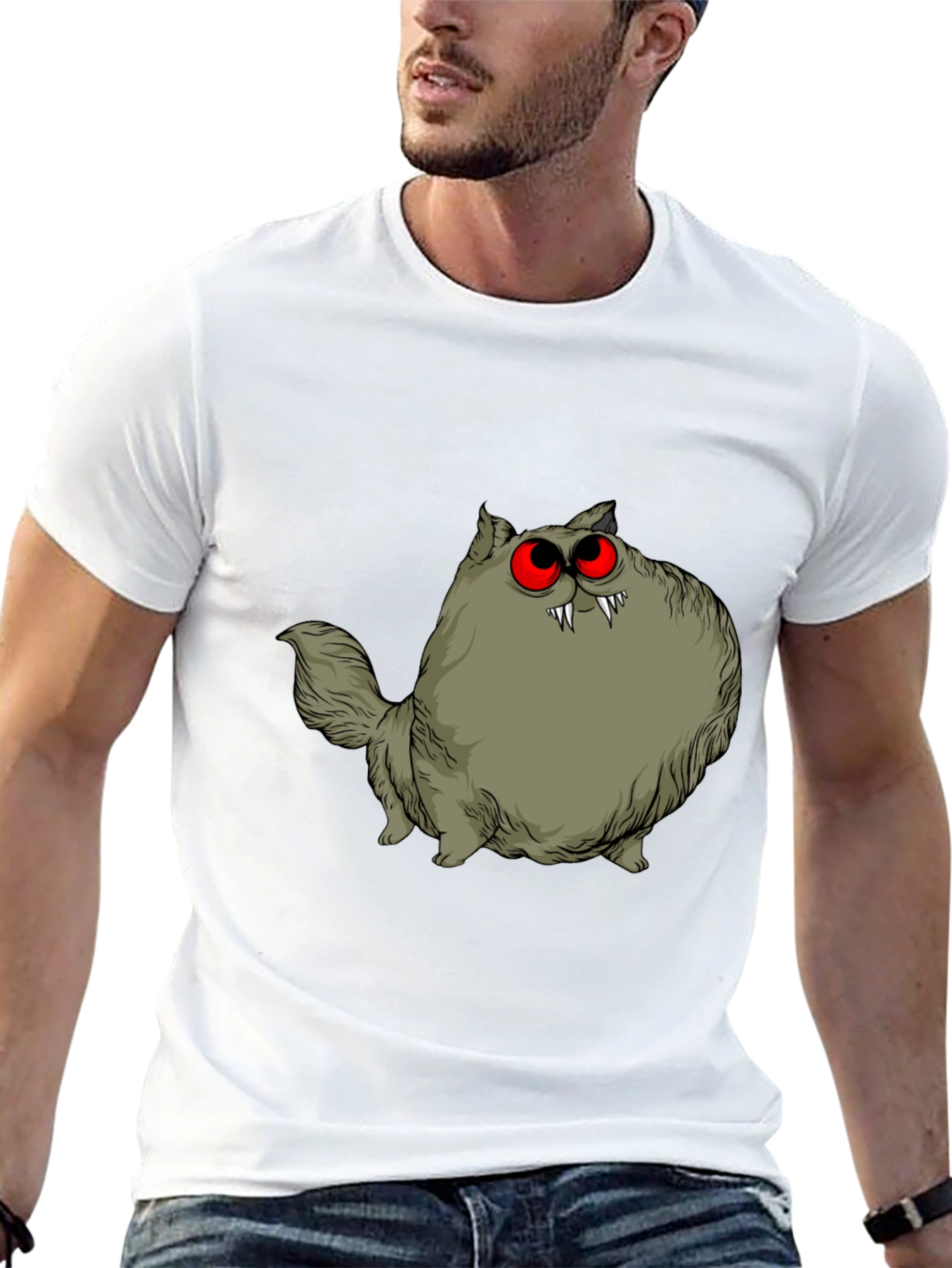 Creepy Cat Graphic Tee - Red Eyes Fangs Unique