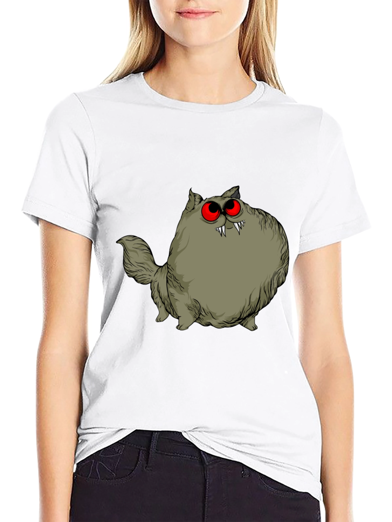 Creepy Cat Graphic Tee - Red Eyes Fangs Unique