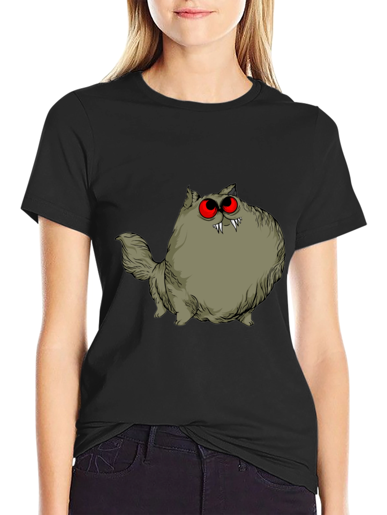 Creepy Cat Graphic Tee - Red Eyes Fangs Unique