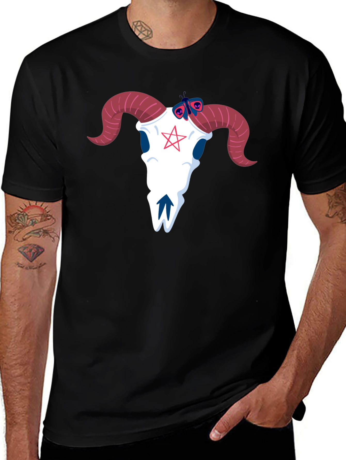 Graphic Tee: Ram Skull & Butterfly