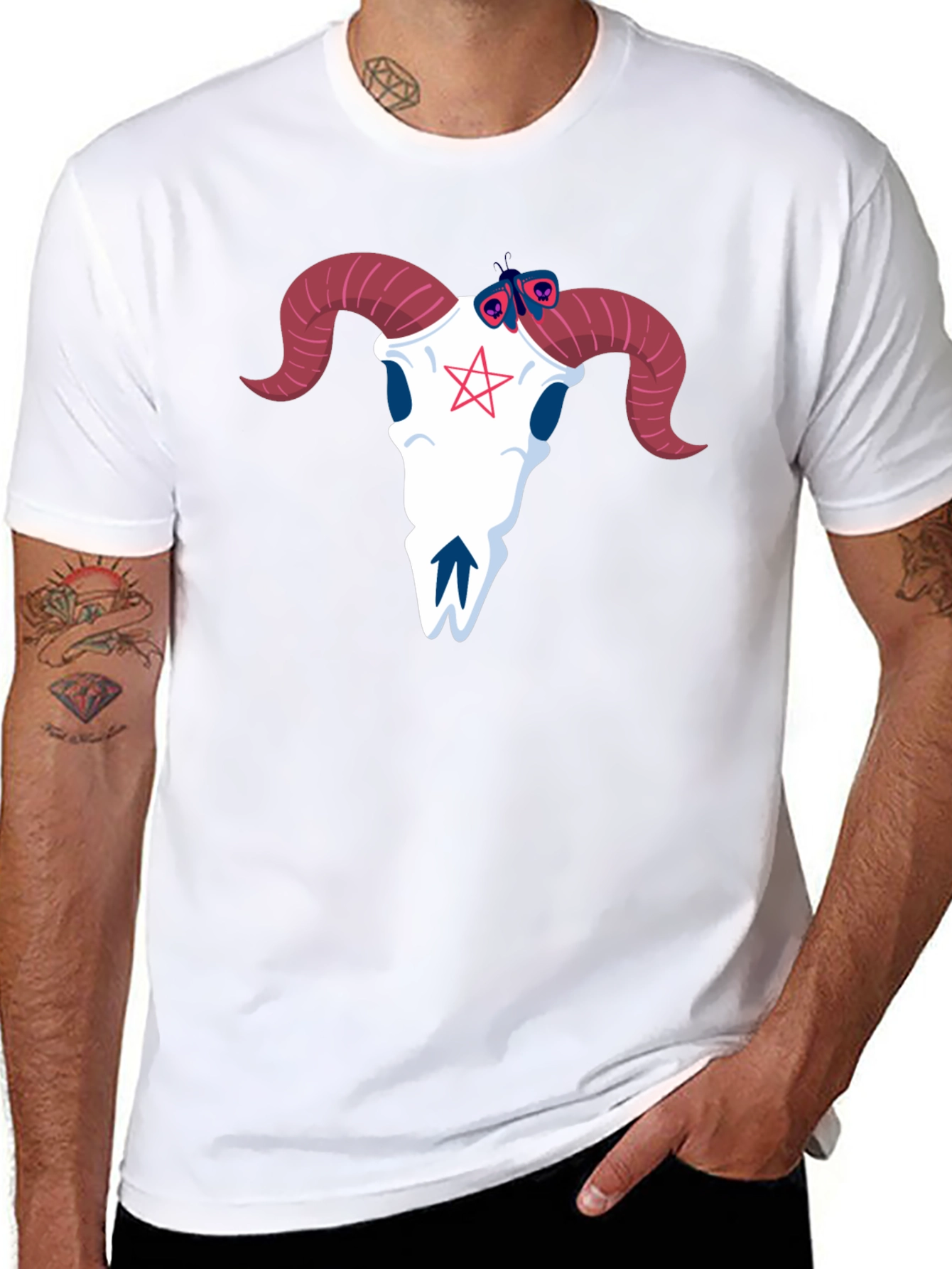 Graphic Tee: Ram Skull & Butterfly